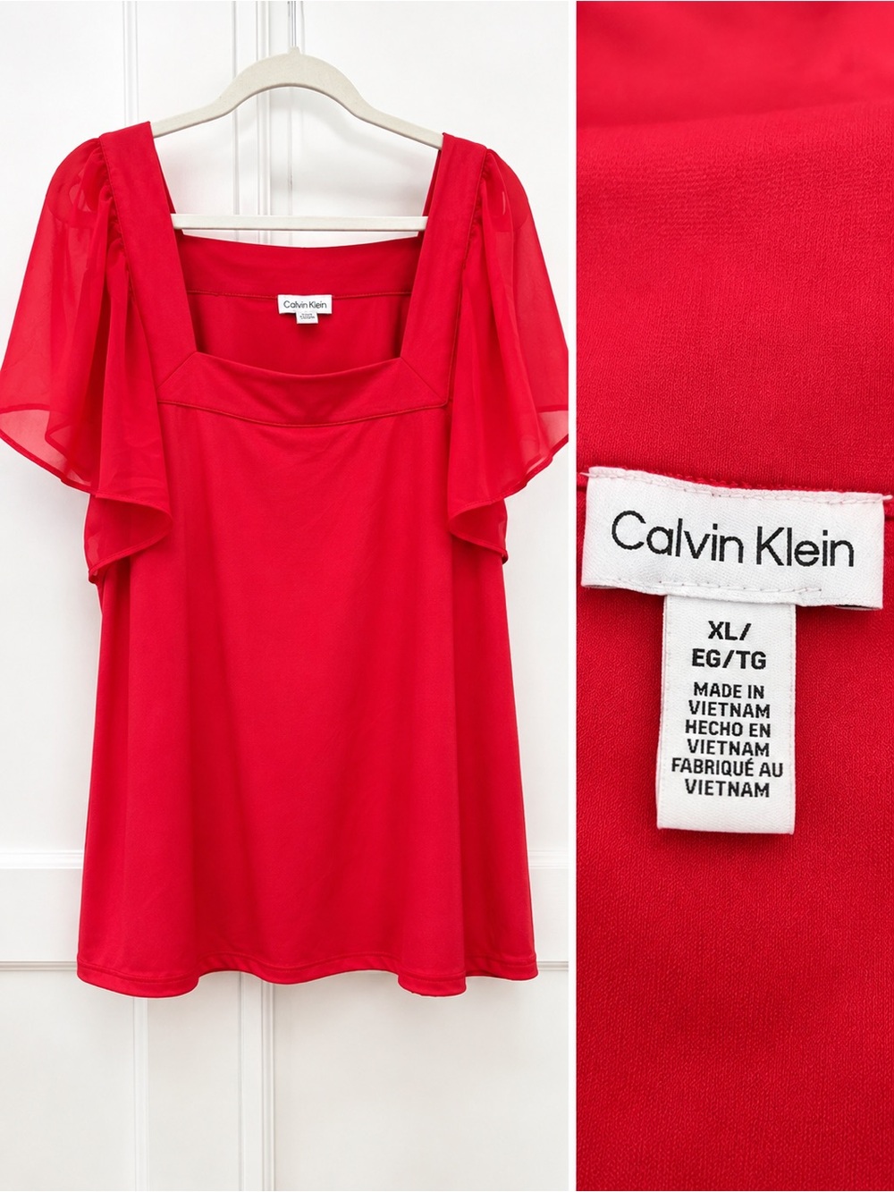 Calvin Klein Bright Red Square-Neck Flutter Sleeve Blouse